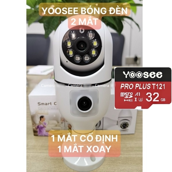 Camera bóng đèn 2 mắt IP WIFI Yoosee Bóng Đèn 8 LED thế hệ mới 3.0MP - xoay 360 độ + Thẻ nhớ 32G