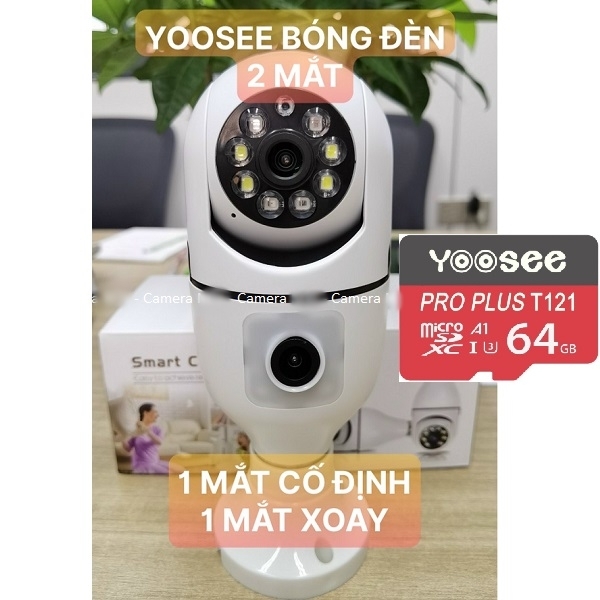 Camera bóng đèn 2 mắt IP WIFI Yoosee Bóng Đèn 8 LED thế hệ mới 3.0MP - xoay 360 độ + Thẻ nhớ 64G