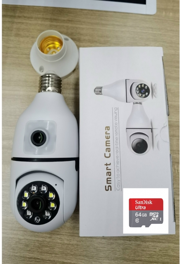 Camera Yoosee hình bóng đèn 2 mắt - Xem 2 khung hình cùng lúc -  Xoay 360 độ FullHD 1080P dùng ứng dụng Yoosee (Ban đêm có màu) + Thẻ nhớ 64gb