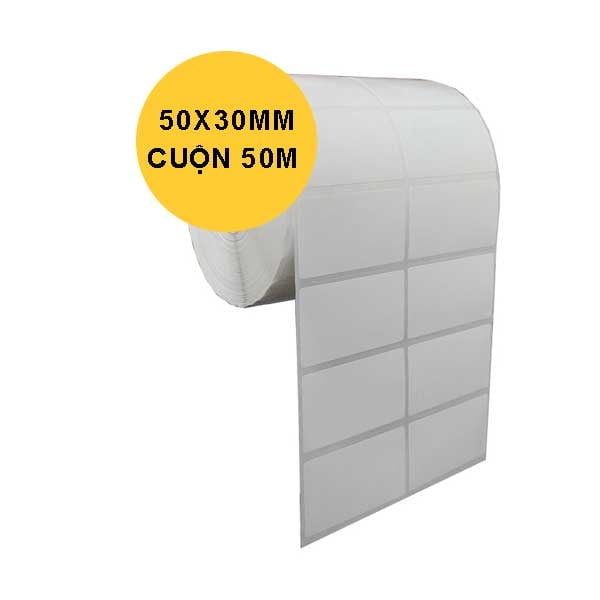 Combo 5 cuộn giấy Decal Thường 50x30mm Cuộn Dài 50m 2 Con Tem / 1 Hàng - (in tem nhãn mã vạch)